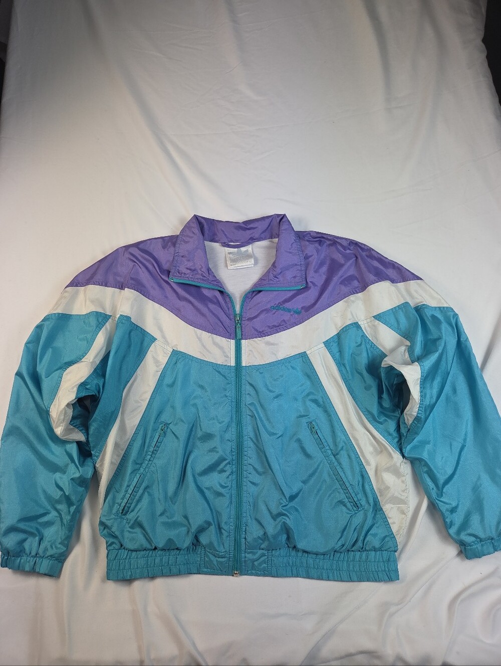 Vintage 1990's Adidas Women's Windbreaker Jacket in Teal, Purple & White